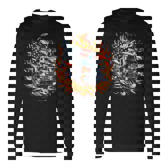 Firefighter Patriotic Fire Truck Fireman American Flag Long Sleeve T-Shirt - Monsterry
