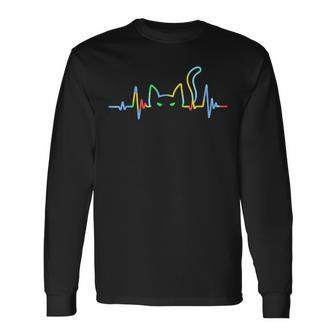 Heartbeat Cat Lover Animal Silhouette Cute Cat Long Sleeve T-Shirt - Monsterry