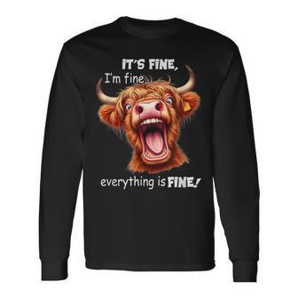 Highland Cow It's Fine I'm Fine Everything Is Fine Small Black Long Sleeve T-Shirt - Thegiftio UK