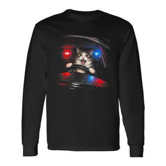 Police Cat Driving Car Vintage Cat Meme Long Sleeve T-Shirt - Monsterry