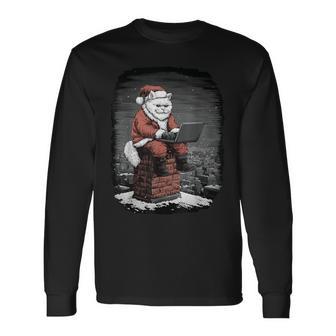 Santa Persian Cat On Chimney With Laptop Christmas Long Sleeve T-Shirt - Thegiftio UK