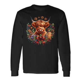 Xmas Merry Moo Cows Cute Highland Cow Christmas Lights Long Sleeve T-Shirt - Thegiftio UK