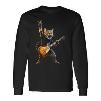 Gato Divertido Tocando La Guitarra Rock And Roll Guitarrista Banda De Rock Camiseta de manga larga - Regaloses