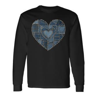 Grunge Heart Aesthetic Blue Denim Patchwork Graphic Long Sleeve T-Shirt - Thegiftio UK