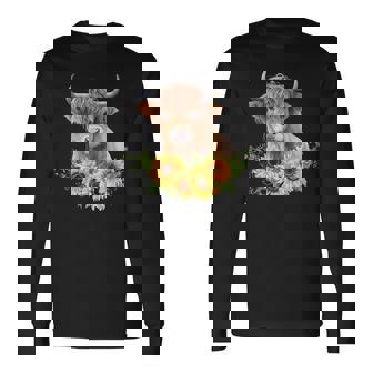 Highland Cow With Sunflowers Farmhouse Cottage Decor Long Sleeve T-Shirt | Mazezy