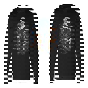 Howling Cats Full Moon Starry Sky Galaxy Cosmic Animal Lover Long Sleeve T-Shirt - Monsterry