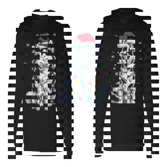 Husky Dog Christmas Lights Santa Hat Family Xmas Pajamas Long Sleeve T-Shirt | Mazezy