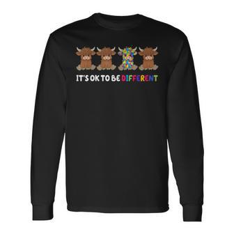 It's Ok To Be Different Highland Cow Puzzle Autism Awareness Long Sleeve T-Shirt - Thegiftio UK