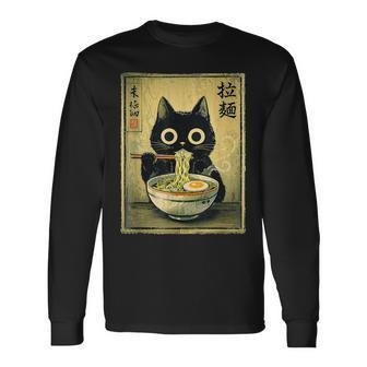 Kawaii Ramen Cat Vintage Japanese Retro Anime Noodle Long Sleeve T-Shirt - Monsterry