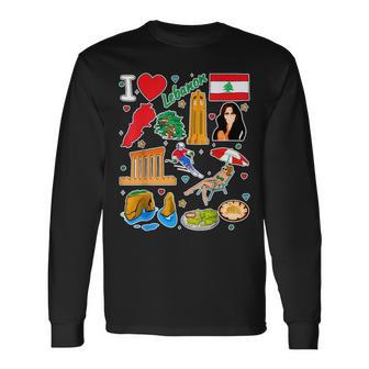 Lebanese Hand Drawn Symbols Lebanon Map Cultural Icons Long Sleeve T-Shirt - Thegiftio UK