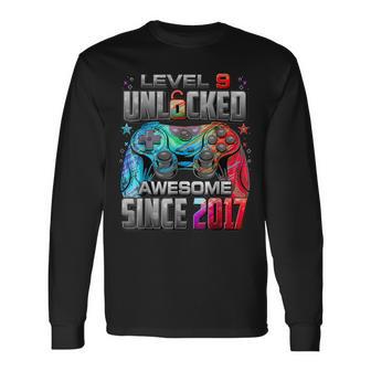 Level 9 Unlocked Awesome Since 2017 9Th Birthday Boy Gamer Long Sleeve T-Shirt - Seseable