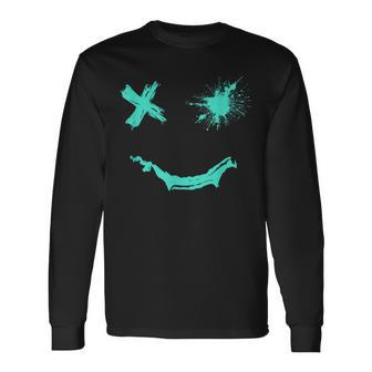 Light Teal Aqua Smile Grunge Face Light Teal Aqua Color Long Sleeve T-Shirt - Thegiftio