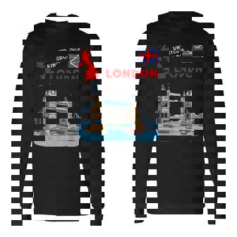 London United Kingdom Souvenir Tower Bridge & UK Flag Long Sleeve T-Shirt | Mazezy
