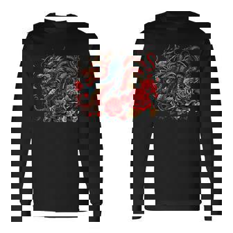 Masque D'anime Japonais Kitsune Dragon Chinois Avec Rose T-shirt à manches longues - Cadeauxyz
