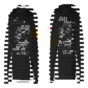 Meowy Christmas Black Cat Santa Hat Happy New Year Long Sleeve T-Shirt | Mazezy