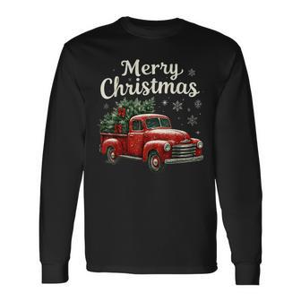 Merry Christmas Red Truck Tree Family Matching Pajama Xmas Long Sleeve T-Shirt - Thegiftio UK