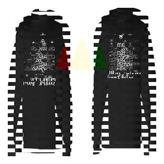 Merry Christmas Tree Leopard Buffalo Plaid Family Xmas Pj Long Sleeve T-Shirt - Monsterry