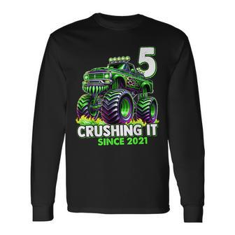 Monster Truck 5Th Birthday Boy Crushing It Since 2021 Long Sleeve T-Shirt - Seseable
