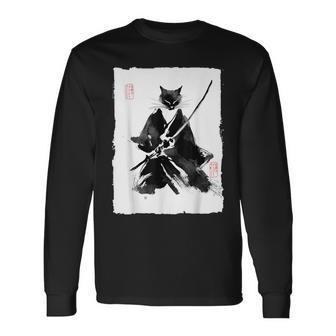 Ninja Cat Samurai Japanese Sumi-E Ink Painting Vintage Long Sleeve T-Shirt - Thegiftio