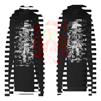 Octopus Glasses Santa Hat Christmas Light Ocean Animal Xmas Long Sleeve T-Shirt - Monsterry