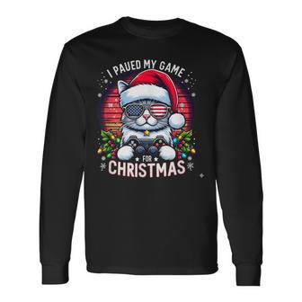 I Paused My Game For Christmas Cool Cat With Usa Flag Shades Long Sleeve T-Shirt - Thegiftio UK