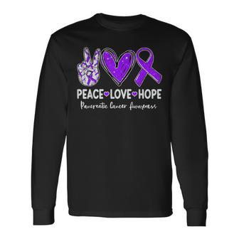 Peace Love Hope Pancreatic Cancer Awareness Ribbon Purple Long Sleeve T-Shirt - Thegiftio UK