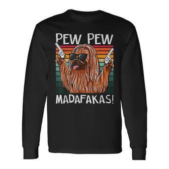 Pekingese Pew Pew Dogintage Retroonnenuntergang Hunde Waffen Nerd Langarmshirts - Seseable