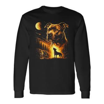 Pitbull Howling To The Moon Vintage Forest 90S Style Long Sleeve T-Shirt - Thegiftio UK