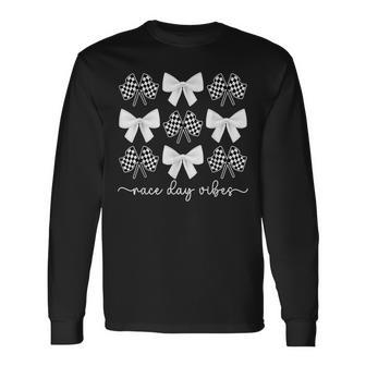 Race Day Vibes Checkered Flag Car Racing Day Race Days Bow Long Sleeve T-Shirt - Thegiftio UK