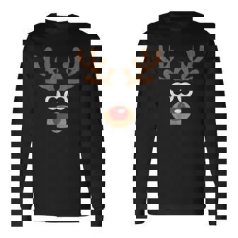 Reindeer Face Deer Red Nose Brown Christmas Long Sleeve T-Shirt - Thegiftio