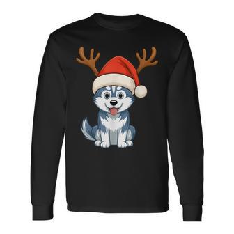 Reindeer Santa Hat Husky Dog Christmas Holiday Long Sleeve T-Shirt - Thegiftio UK