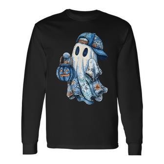 Retro Halloween Blue Denim Ghost Patchwork Spooky Season Long Sleeve T-Shirt - Thegiftio UK
