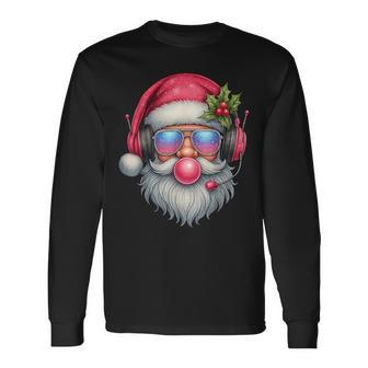 Retro Pink Santa Blowing Bubble With Sunglass Gamer Headset Long Sleeve T-Shirt - Thegiftio UK