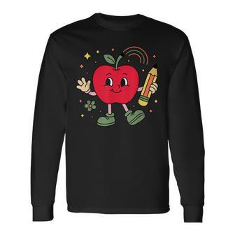 Retro School Apple With Face And Teacher’S Pencil Long Sleeve T-Shirt - Thegiftio UK