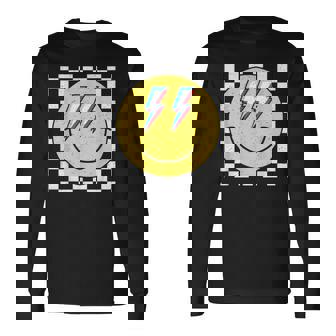 Retro Smile Face Checkered Pattern Preppy Happy Face Trendy Long Sleeve T-Shirt - Monsterry