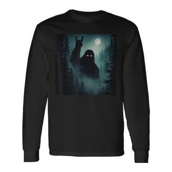 Rock On Bigfoot Sasquatch Cryptid Night Forest Long Sleeve T-Shirt - Thegiftio UK