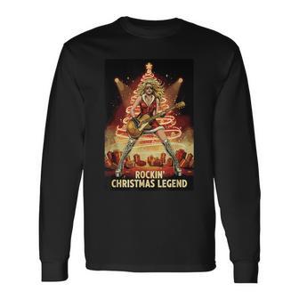 Rockin’ Christmas X-Mas Legend Female Guitarist Apparel Long Sleeve T-Shirt - Monsterry