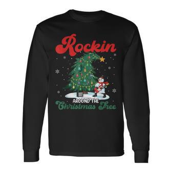 Rocking Around The Xmas Tree Snowman Rock And Roll Guitar Long Sleeve T-Shirt - Thegiftio UK