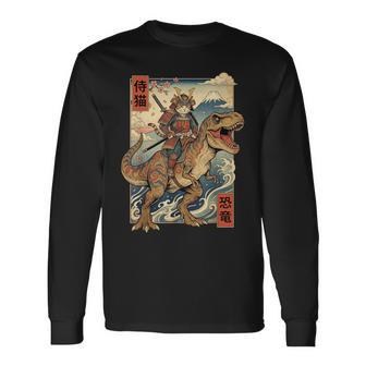Samurai Cat Riding Dinosaur Japan T-Rex Katana Graphic Long Sleeve T-Shirt - Thegiftio