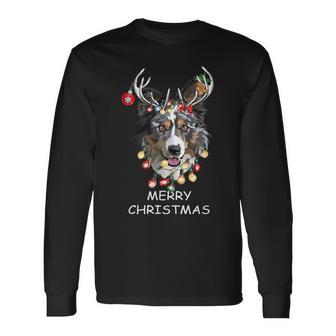 Santa Reindeer Border Collie Dog Christmas Lights Xmas Long Sleeve T-Shirt - Thegiftio UK