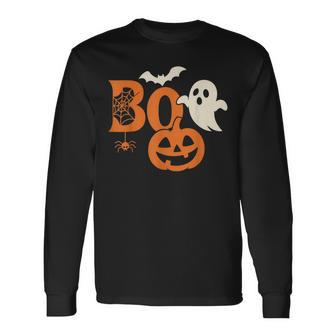 Scary Bold Boo Halloween Ghost Pumpkin Bat Spider Long Sleeve T-Shirt | Mazezy