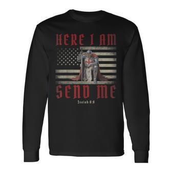 Here I Am Send Me Knights Templar Crusader American Flag Long Sleeve T-Shirt - Thegiftio UK