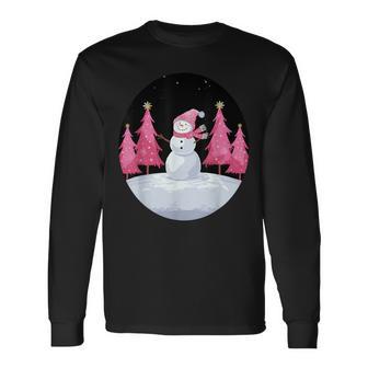 Snowman Winter Blush Frosty Whimsical Pink Christmas Long Sleeve T-Shirt - Monsterry UK