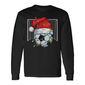 Soccer Christmas Lights Santa Hat Sports Lover Game Day Boys Long Sleeve T-Shirt | Seseable FR