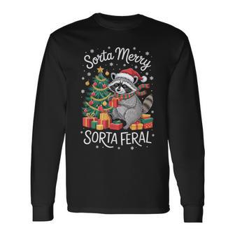 Sorta Merry Sorta Feral Raccoon Hot Cocoa Cup Christmas Tree Long Sleeve T-Shirt - Monsterry