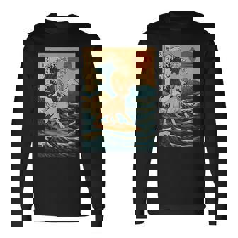 Sphynx Cat Surfing Japanese Wave Great Wave Kawaii Long Sleeve T-Shirt | Seseable FR