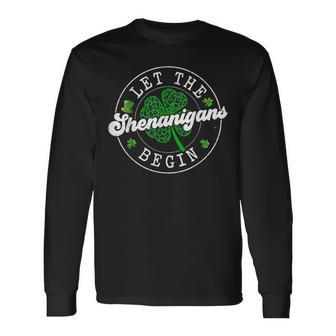St Patrick Day Let The Shenanigans Begin Leopard Clovers Long Sleeve T-Shirt - Thegiftio UK