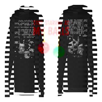 Stop Staring At My Balls Red Plaid Ugly Sweater Couple Long Sleeve T-Shirt - Monsterry