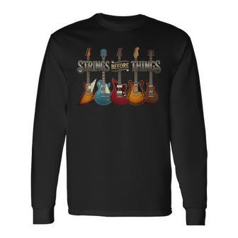 Strings Before Thing Vintage Acoustic Guitar Music Long Sleeve T-Shirt - Thegiftio UK