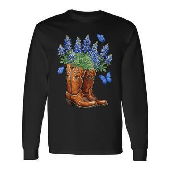 Texas Independence Day Cowgirl Boots & Bluebonnet Flowers Long Sleeve T-Shirt - Seseable